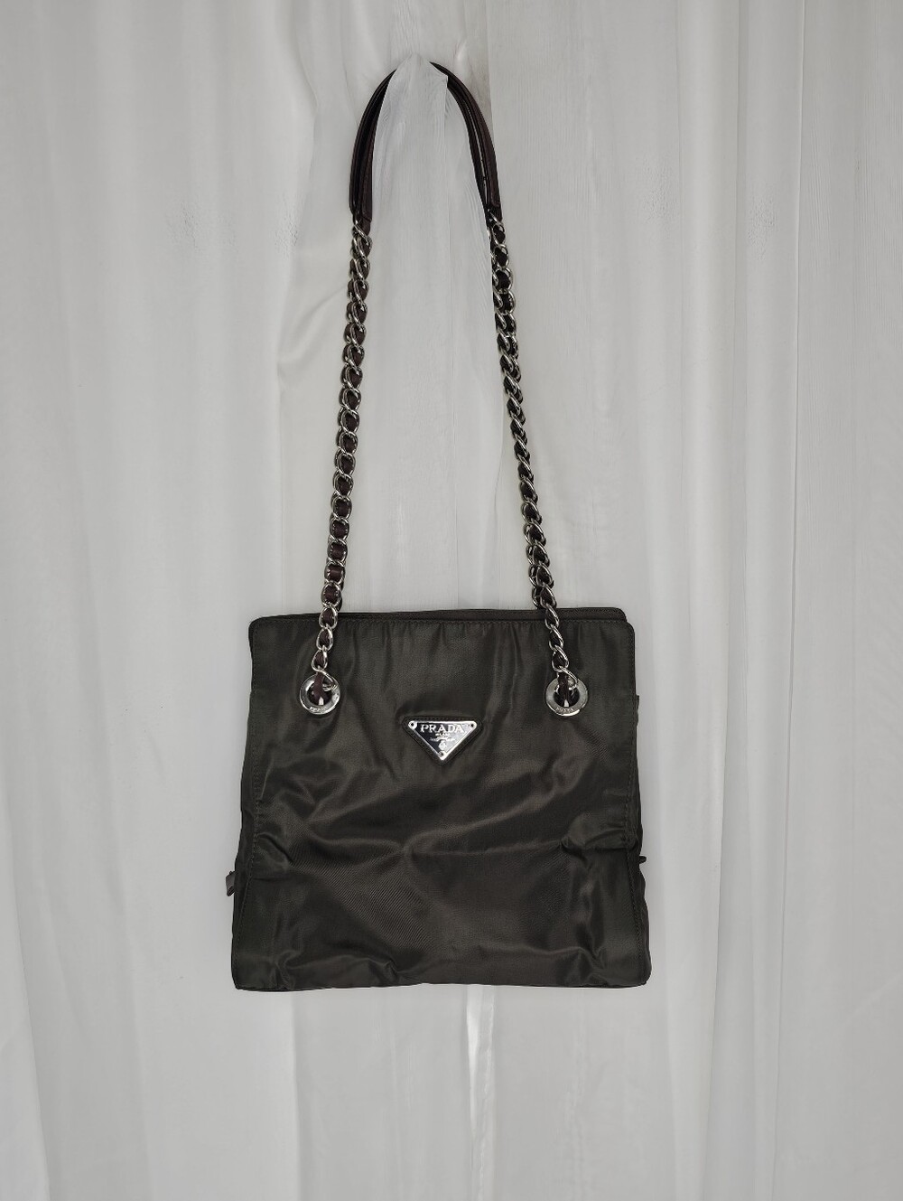 Vintage Prada Tessuto Nylon Catena Chain Shoulder Bag Deep Olive Green